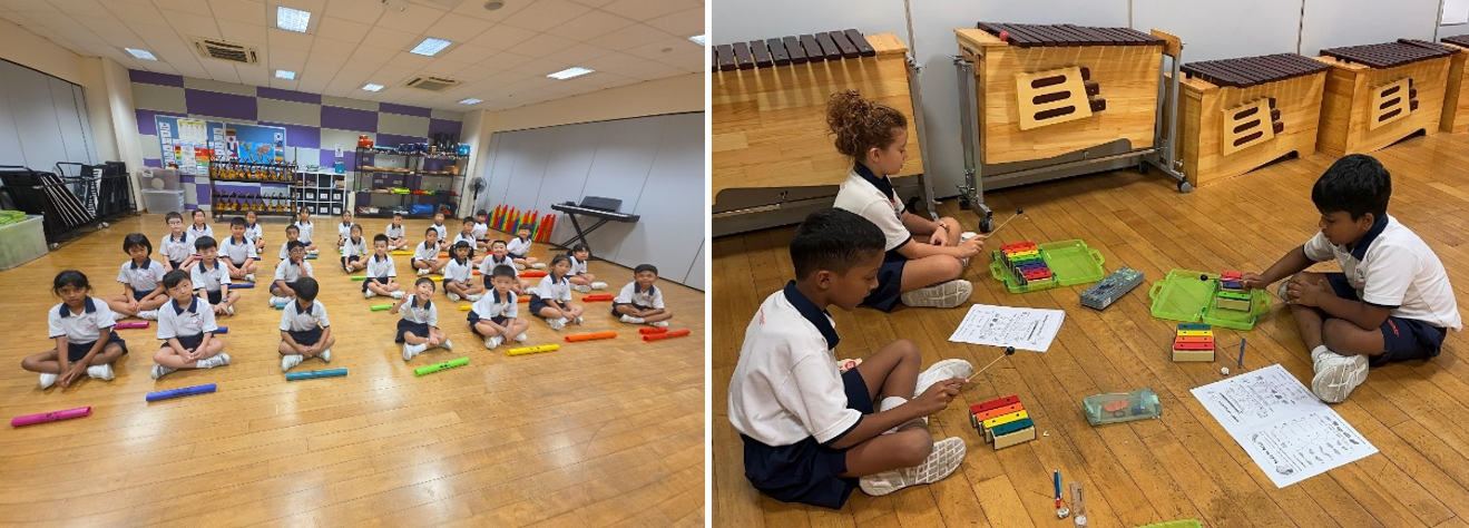 Students exploring music through playing the boomwhackers and collaborating to create melodies on the resonator bells.